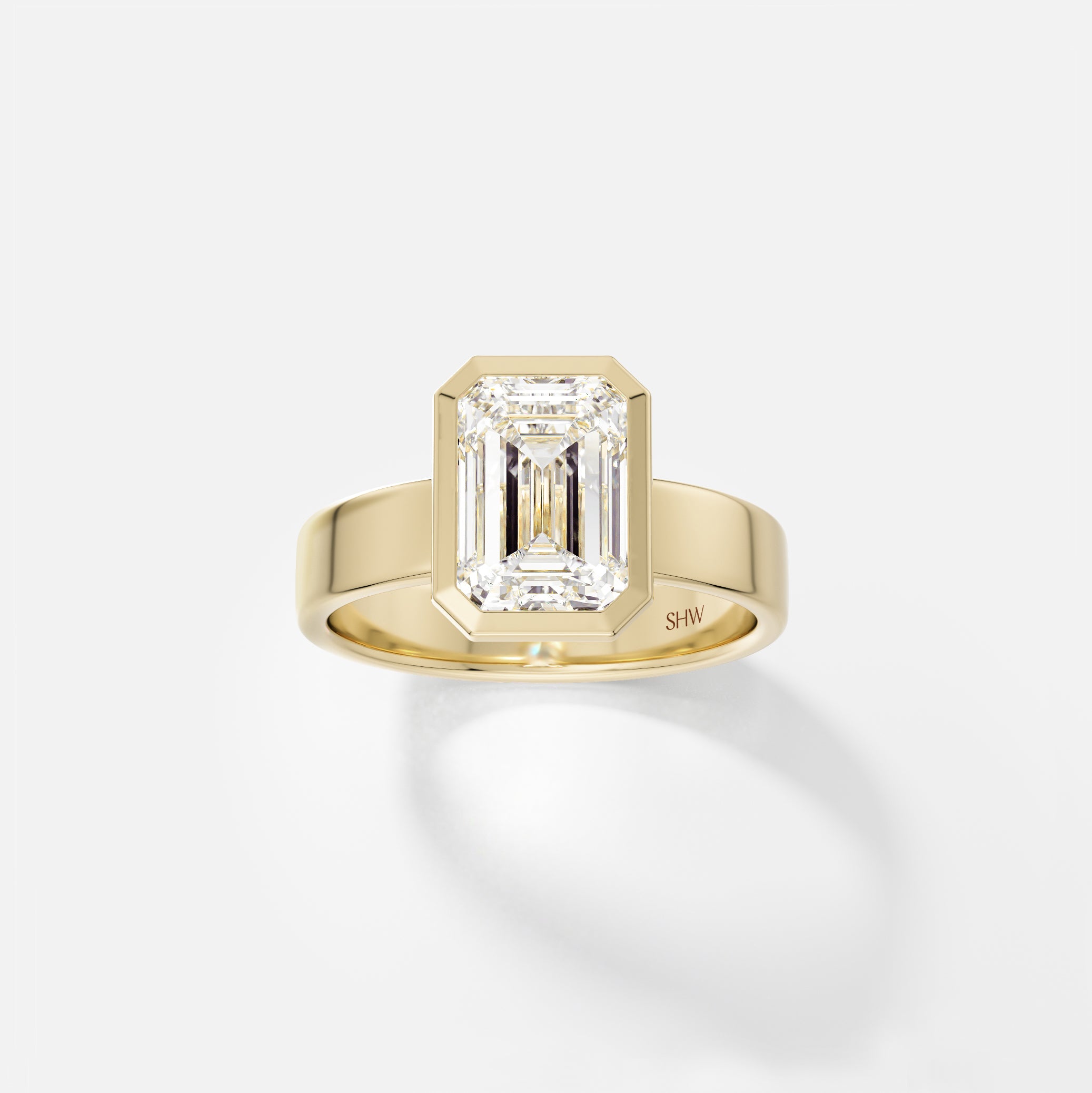 Sculptural Bezel Engagement Ring with Emerald Lab created Natural Diamond 14k 18k yellow white rose gold or platinum SHW Fine Jewelry NYC