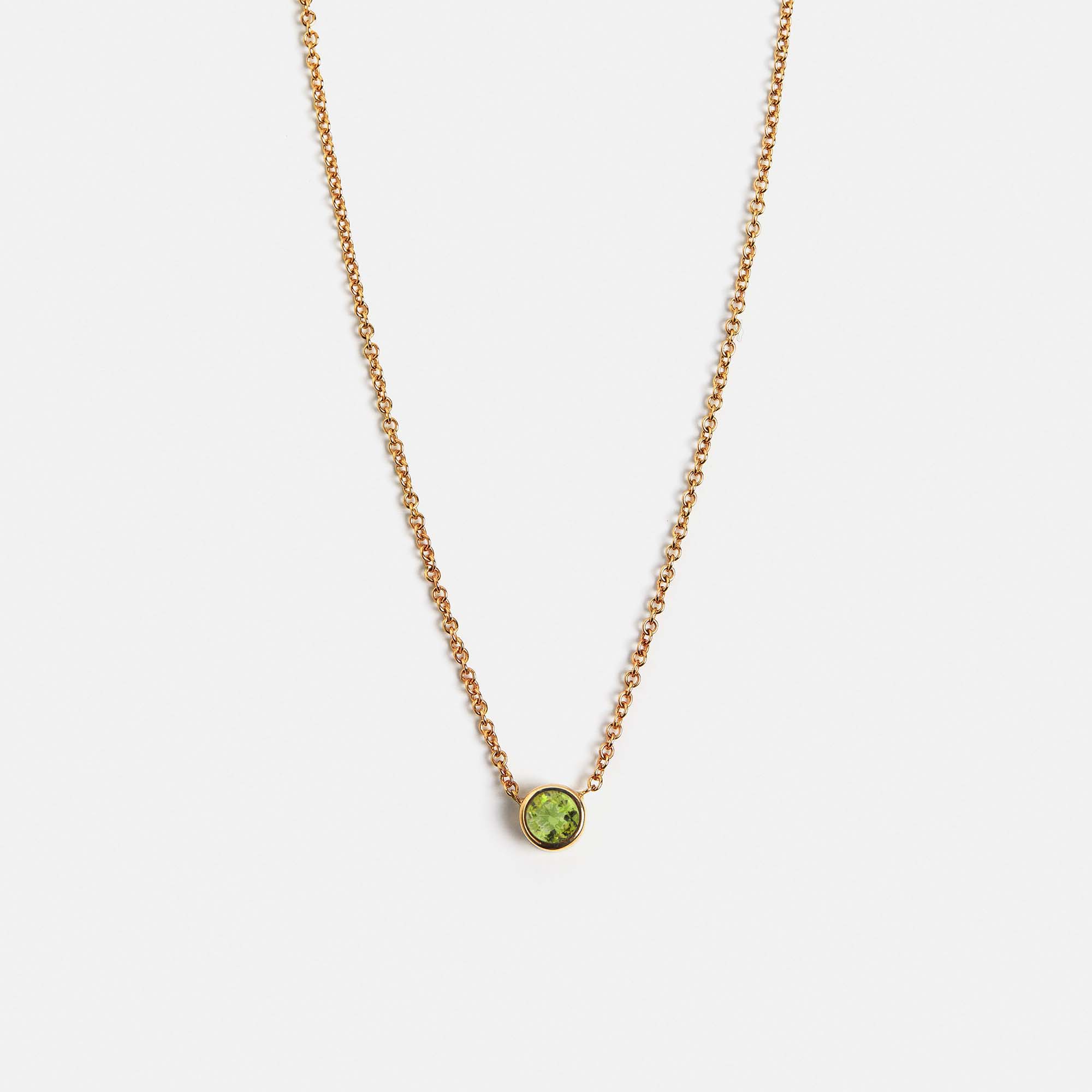 Dainty chain necklace with round peridot pendant, August birthstone, set in solid 14k gold by SHW fine jewelry store NYC