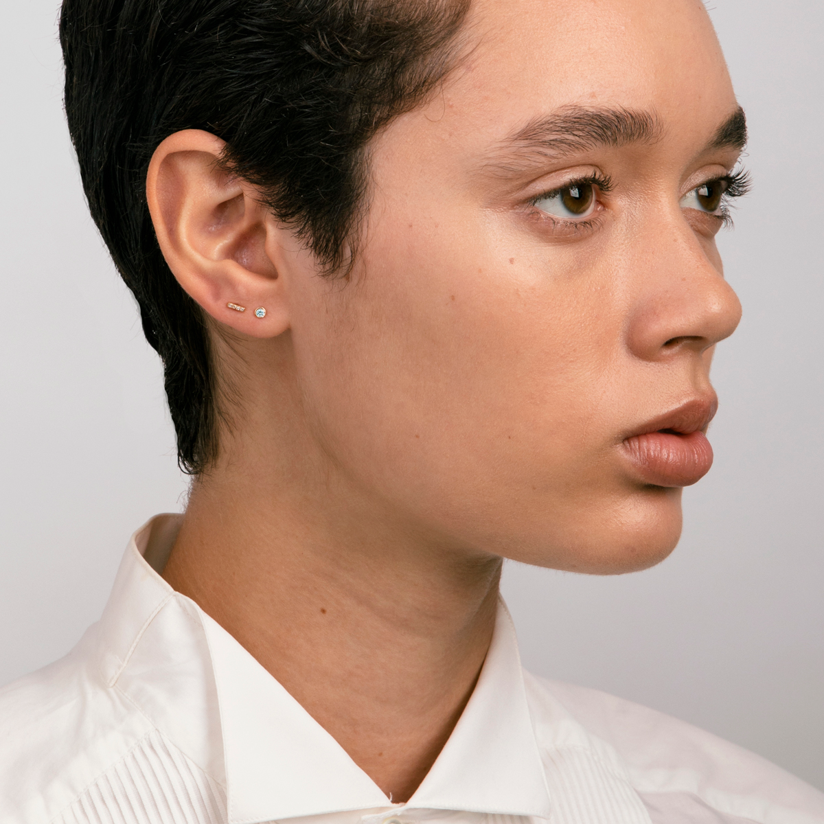 Kaya stud earring in solid gold dainty and simple modern design SHW NYC fine jewelry studio everyday wear