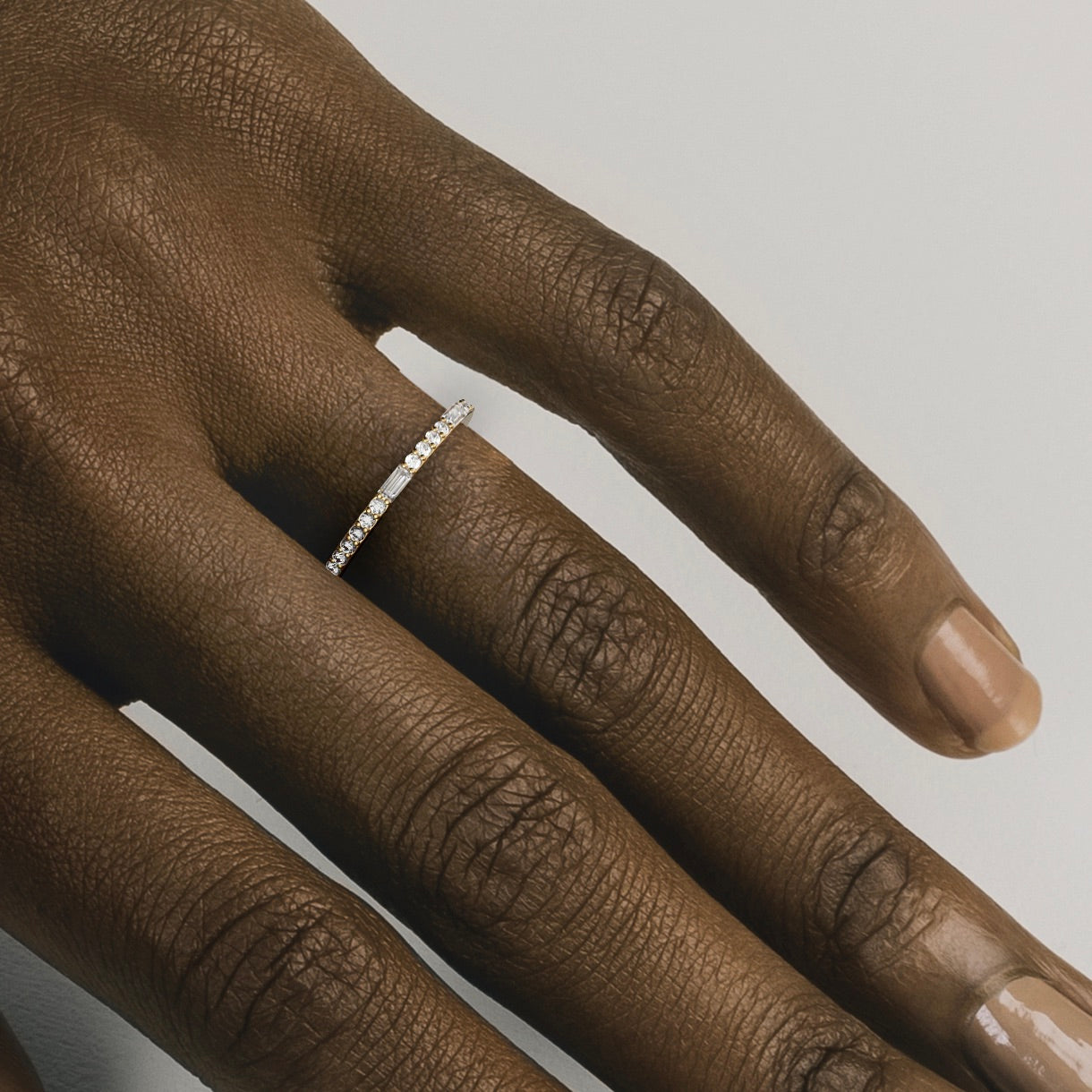 Half eternity band with round and baguette diamonds, minimalist flat design 14k 18k SHW fine jewelry stores nearby