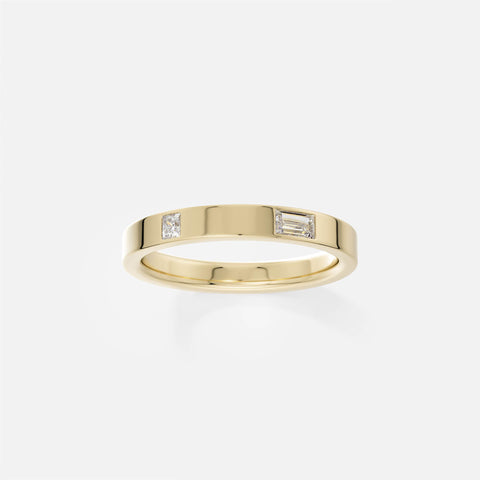 Minimalist Delicate Wedding Rings with Princess and Baguette cut Diamonds set to edge in Solid 14 karat gold by SHW fine jewelry shop NYC