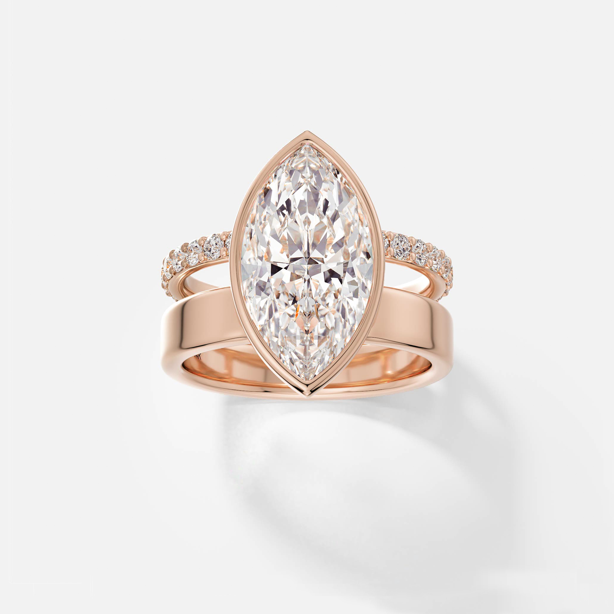 Cool contemporary marquise cut engagement ring with pavé diamond double band 14k 18k gold platinum SHW Fine Jewelry NYC