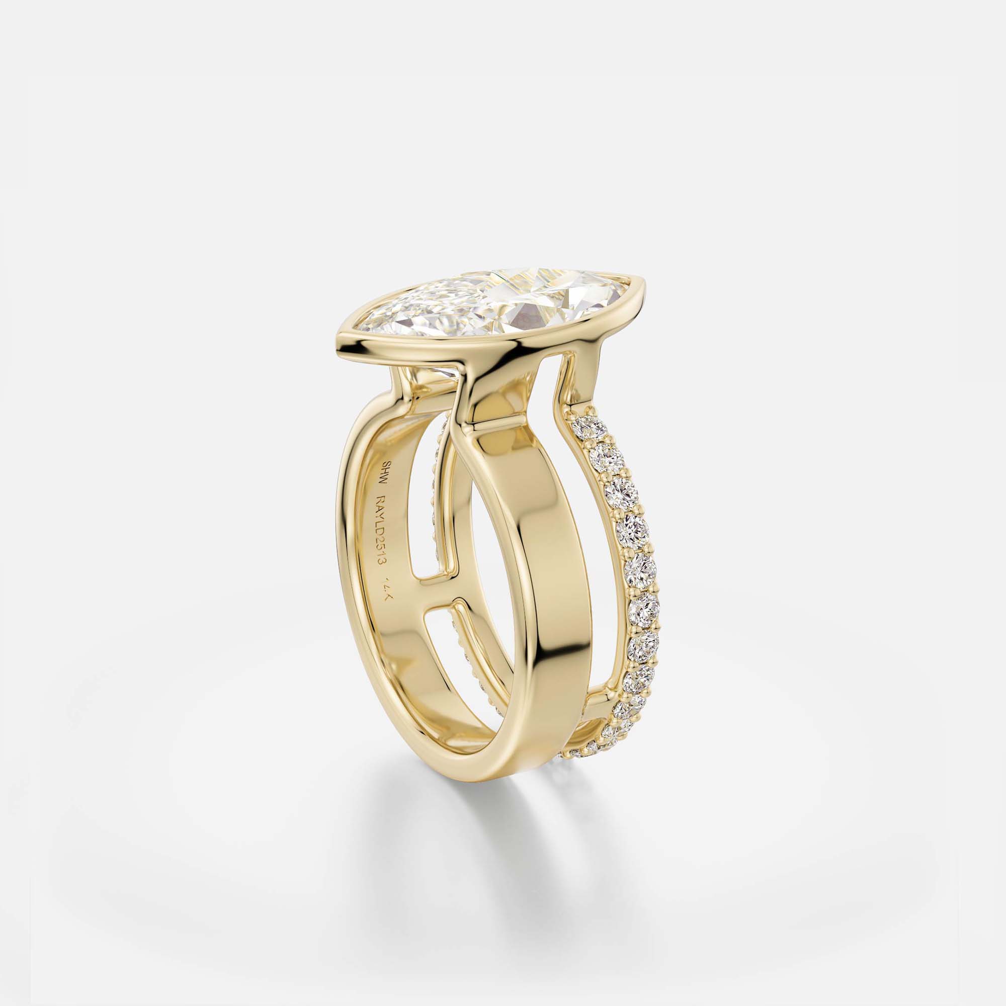 Contemporary vertical marquise engagement ring with pavé diamond double band 14k 18k gold platinum SHW fine jewelry NYC