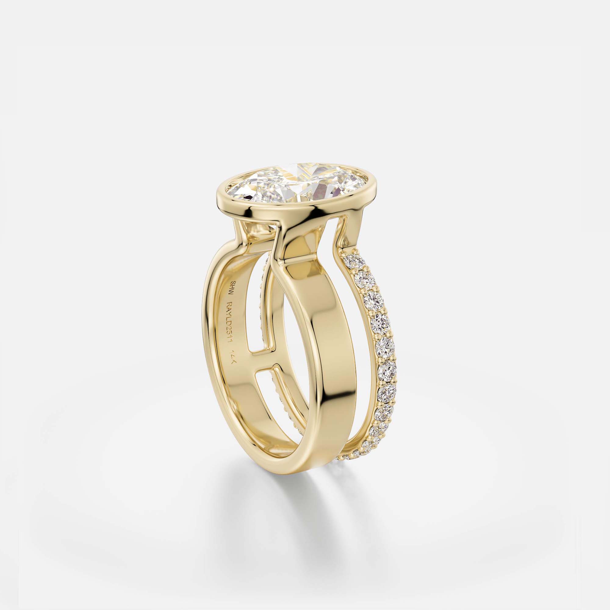 Contemporary vertical oval engagement ring pavé diamond double band 14k 18k gold platinum SHW fine jewelry NYC