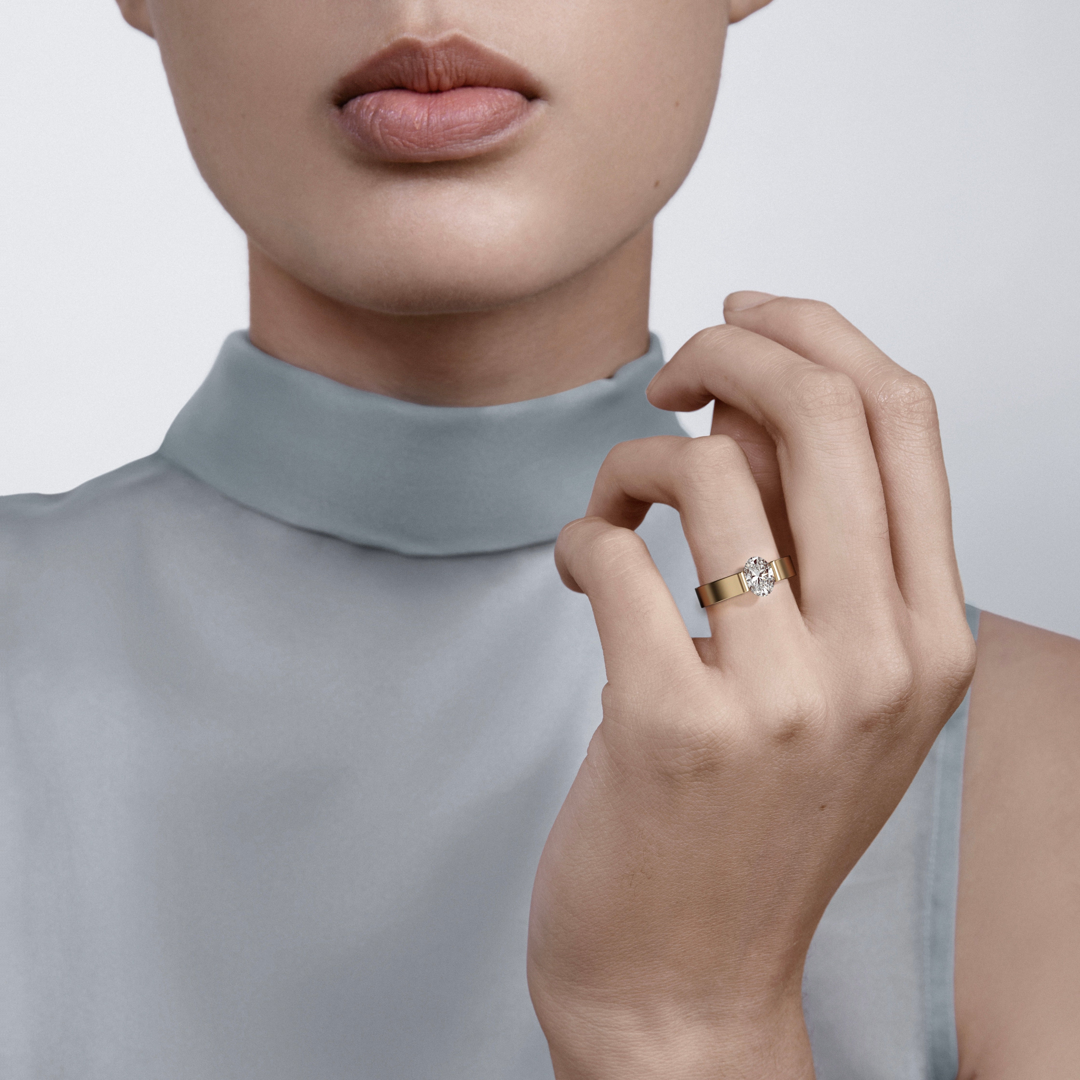 Unique Semi-bezel Prong Engagement Ring with Oval-cut 1 2 3 carat lab natural diamond 14k 18k gold platinum SHW famous jewelry stores