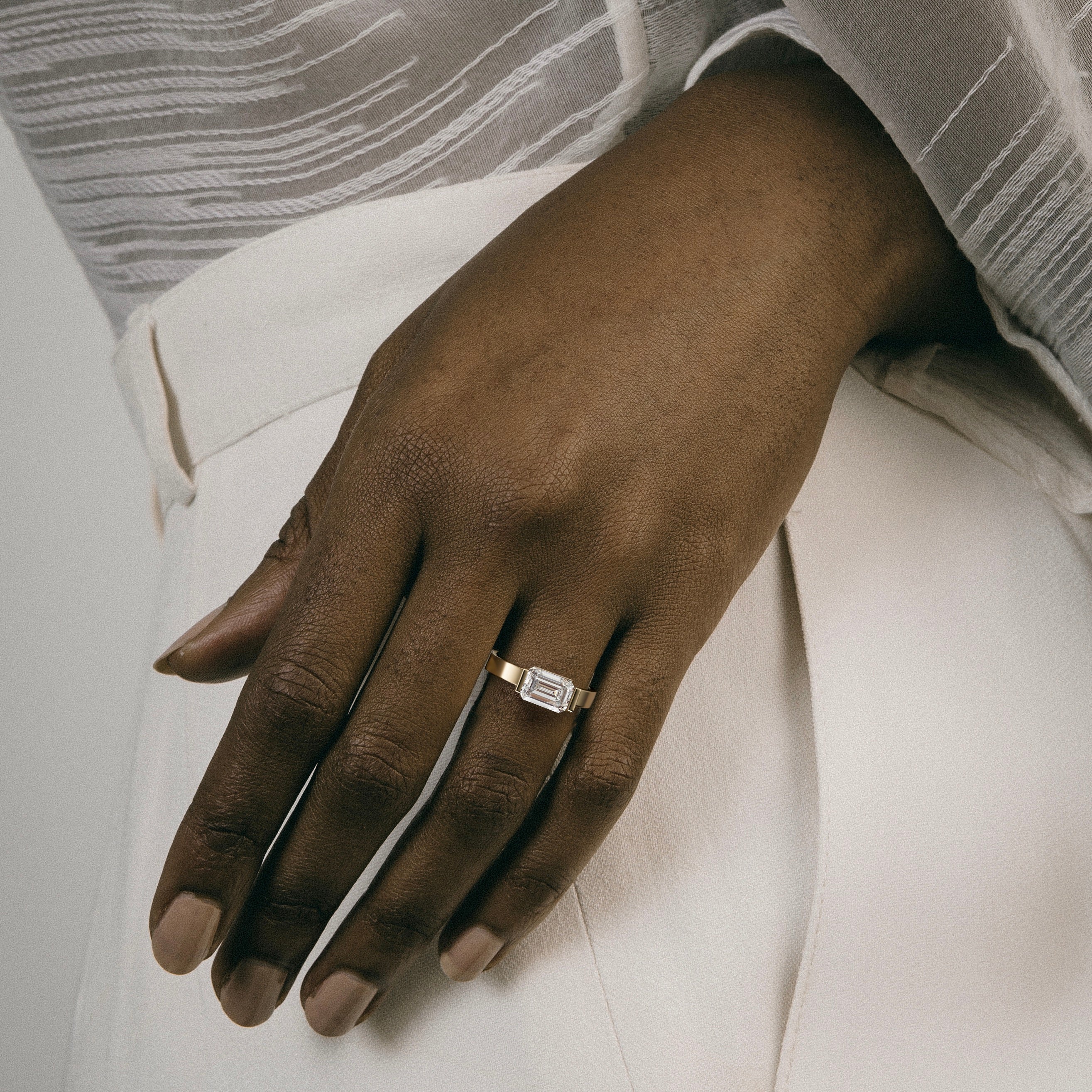 Unique Tension Bezel Set Engagement Ring with East West Emerald lab created  natural diamond 14k 18k gold SHW best jewelry stores NYC