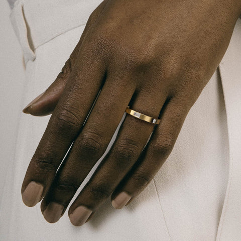 Minimalist Delicate Wedding Ring with Princess and Baguette cut Diamonds set to edge in Solid 14 karat gold by SHW fine jewelry store NYC