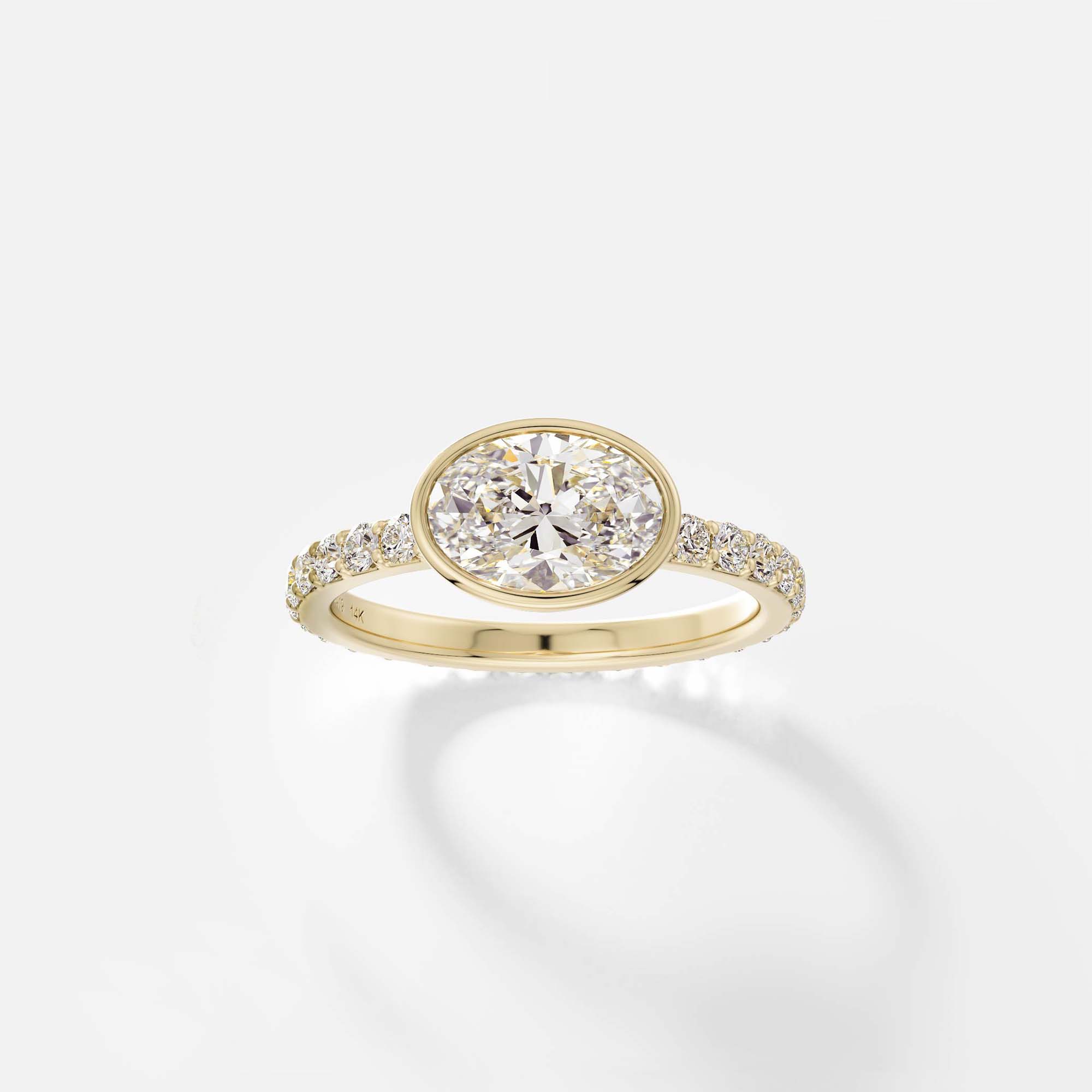 Diamond Band Bezel Engagement Ring with Oval Lab grown Natural Diamond 14k 18k yellow white rose gold or platinum SHW Fine Jewelry NYC