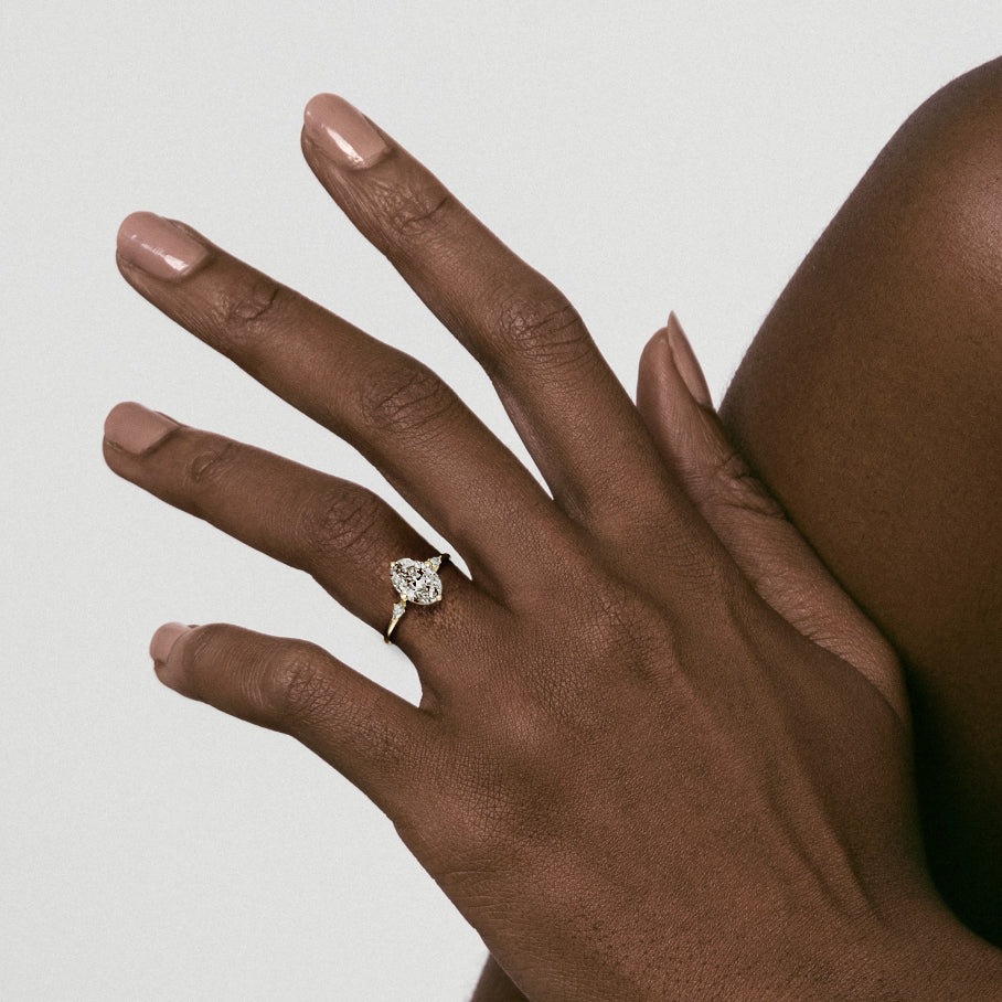 Unique Stackable Three stone Engagement Ring Oval and pear lab made natural diamonds in 14k 18k gold SHW best fine jewelry store in NYC