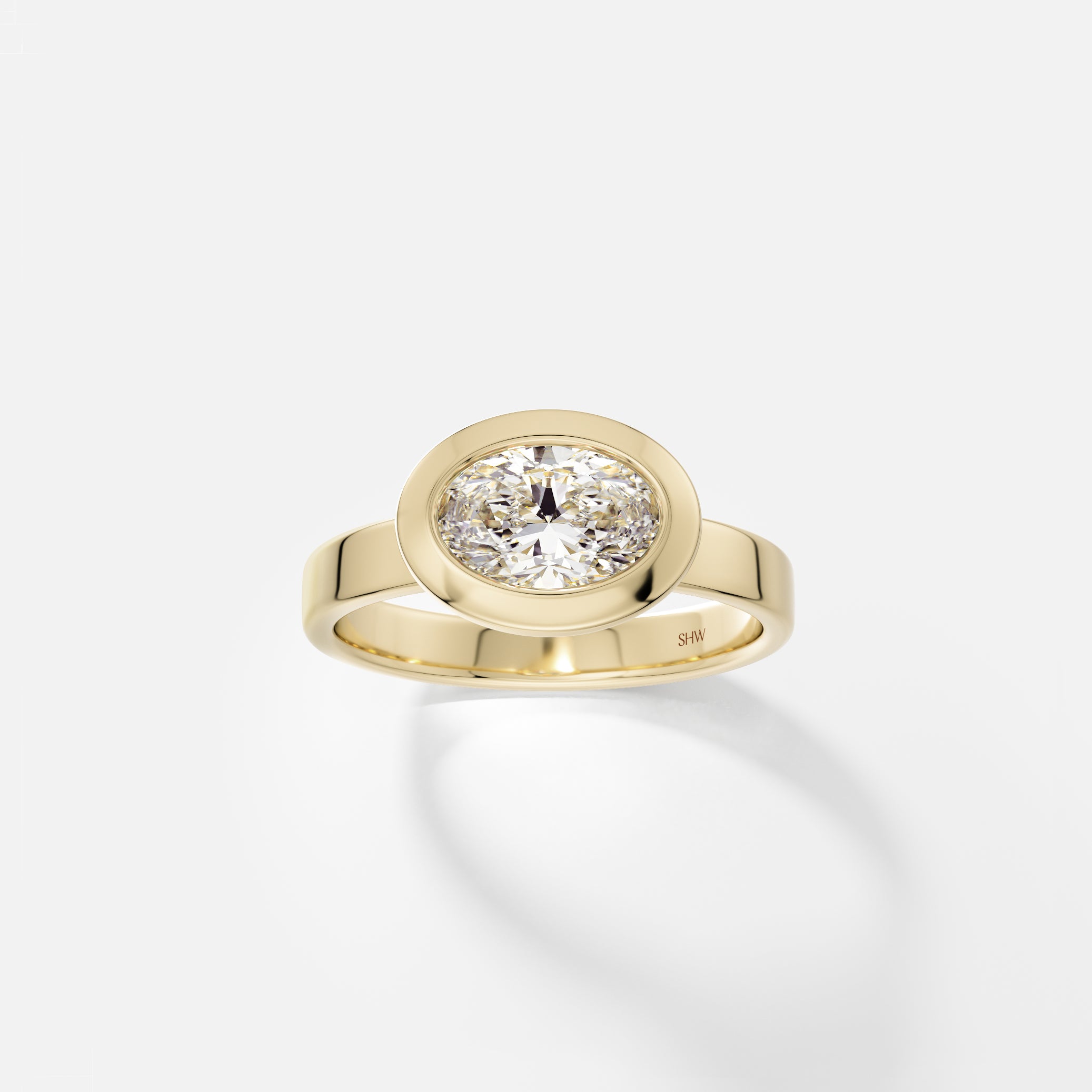 Wide Band Bezel Engagement Ring with Oval Lab created Natural Diamond 14k 18k yellow white rose gold or platinum by SHW Fine Jewelry NYC