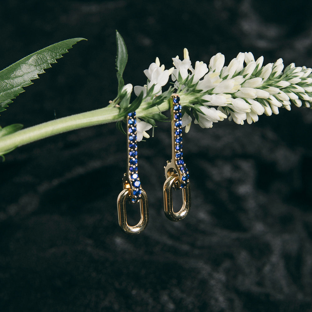 Fara earrings sapphire sculptural jewelry modern beautiful cool handmade SHW NYC studio solid gold fine jewelry