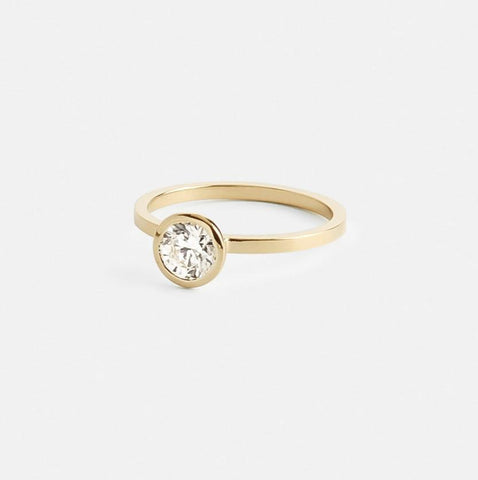 Unique Bezel Set Engagement Ring 1 carat IGI G VS1 lab grown round diamond in 14k yellow gold by SHW best fine jewelry stores in NYC nearby