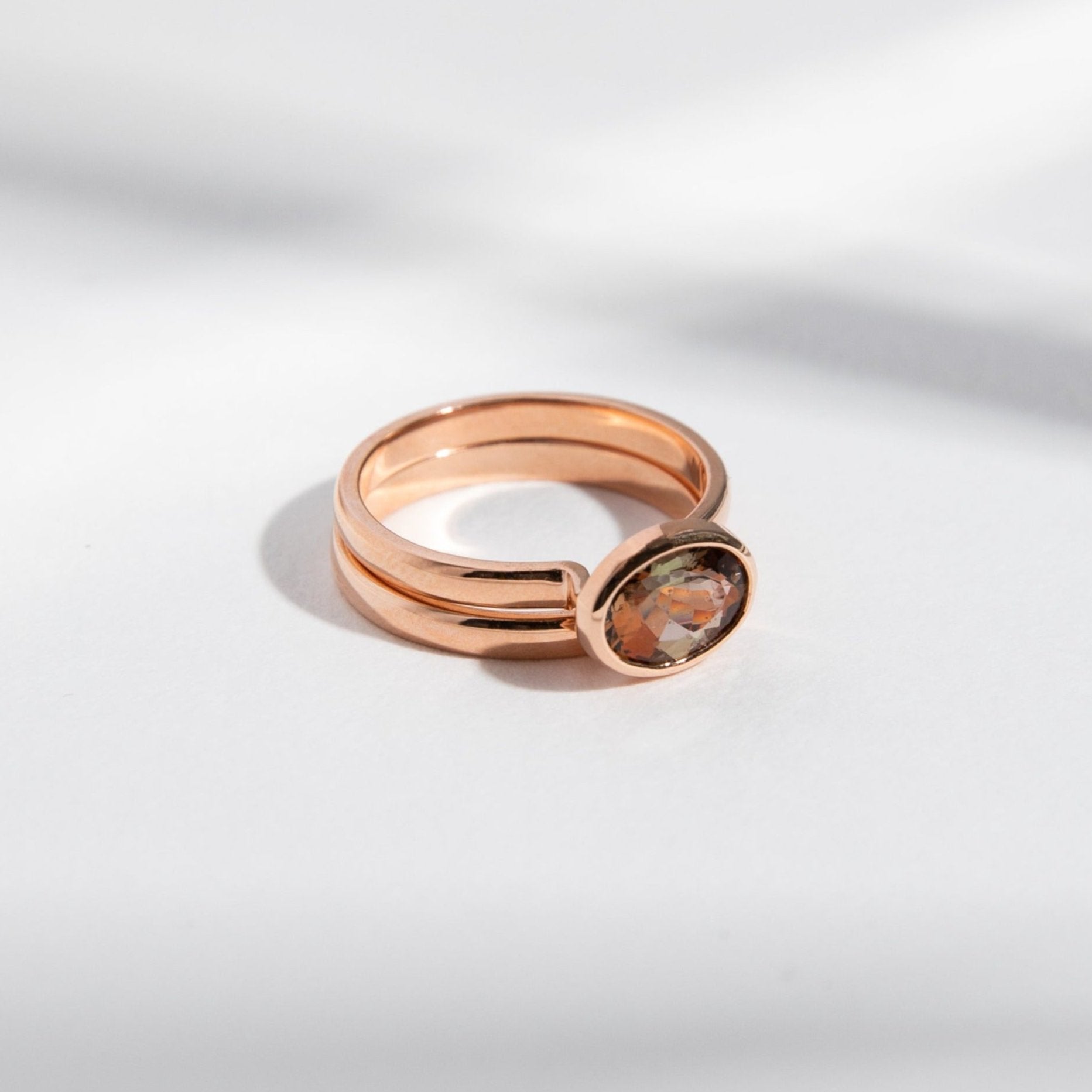 Modern Domed Stackable Band Cool Ring with Unusual Neutral Color Tone Gemstone in 14k rose gold by SHW best fine jewelry stores in NYC LES