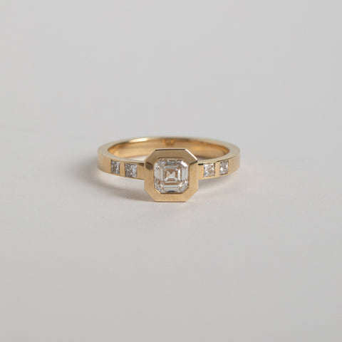 Wide Diamonds on Band Bezel Engagement Ring with Asscher Cut Lab created Diamond in 14k yellow gold by SHW famous fine jewelry store in NYC