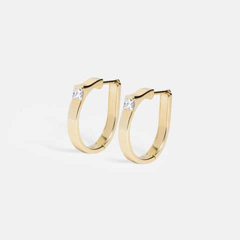 Unique huggie hoop earrings with princess cut mined white diamonds in solid 14k yellow, white, rose gold by SHW famous fine jewelry store NYC