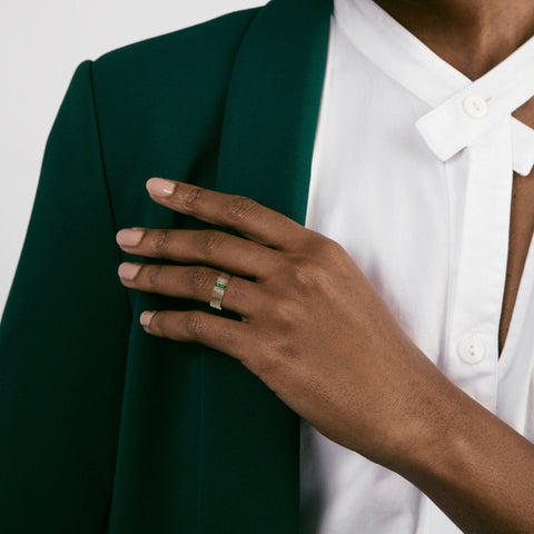 Cool Minimal Wedding Band for Men with a Unique Design Tsavorite in solid 14k yellow gold by SHW best fine jewelry stores in downtown NYC