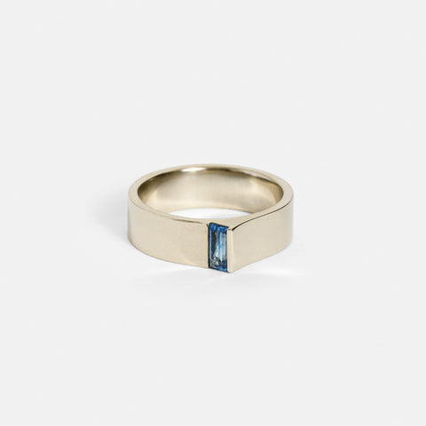 Unique Shape Sculptural Wedding Band with Baguette Cut Navy Blue Sapphire in solid 14k white gold by SHW best fine jewelry shop in NYC