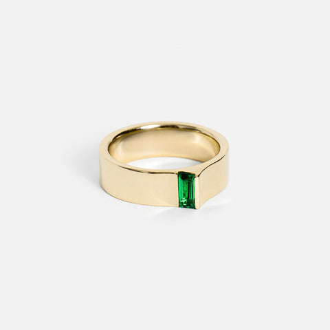 Unique Shape Sculptural Wedding Band with Baguette Cut Deep Green Gemstone in solid 14k yellow gold by SHW best fine jewelry shop in NYC