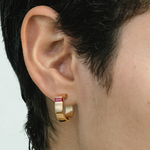 Chunky hinged hoop earrings with baguette cut red rubies in 14k yellow, white, rose gold by SHW cool fine jewelry shop in downtown NYC