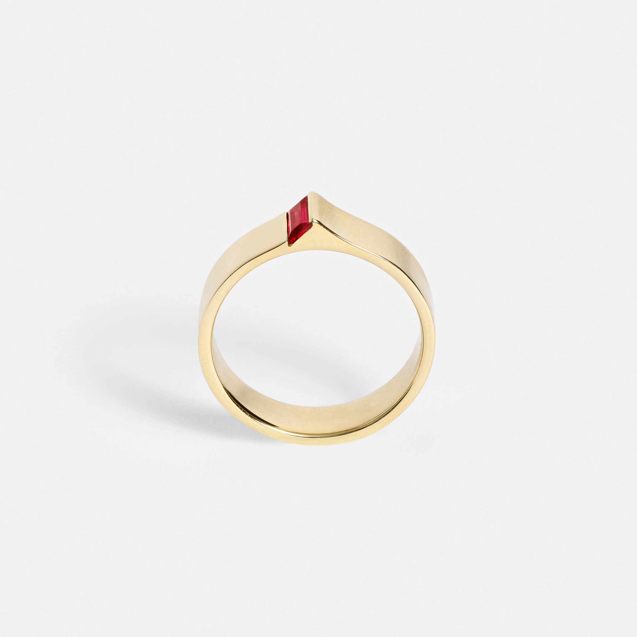 Contemporary Statement Ring with Baguette Red Ruby Gem in solid 14k yellow white or rose gold by SHW cool fine jewelry store in NYC nearby