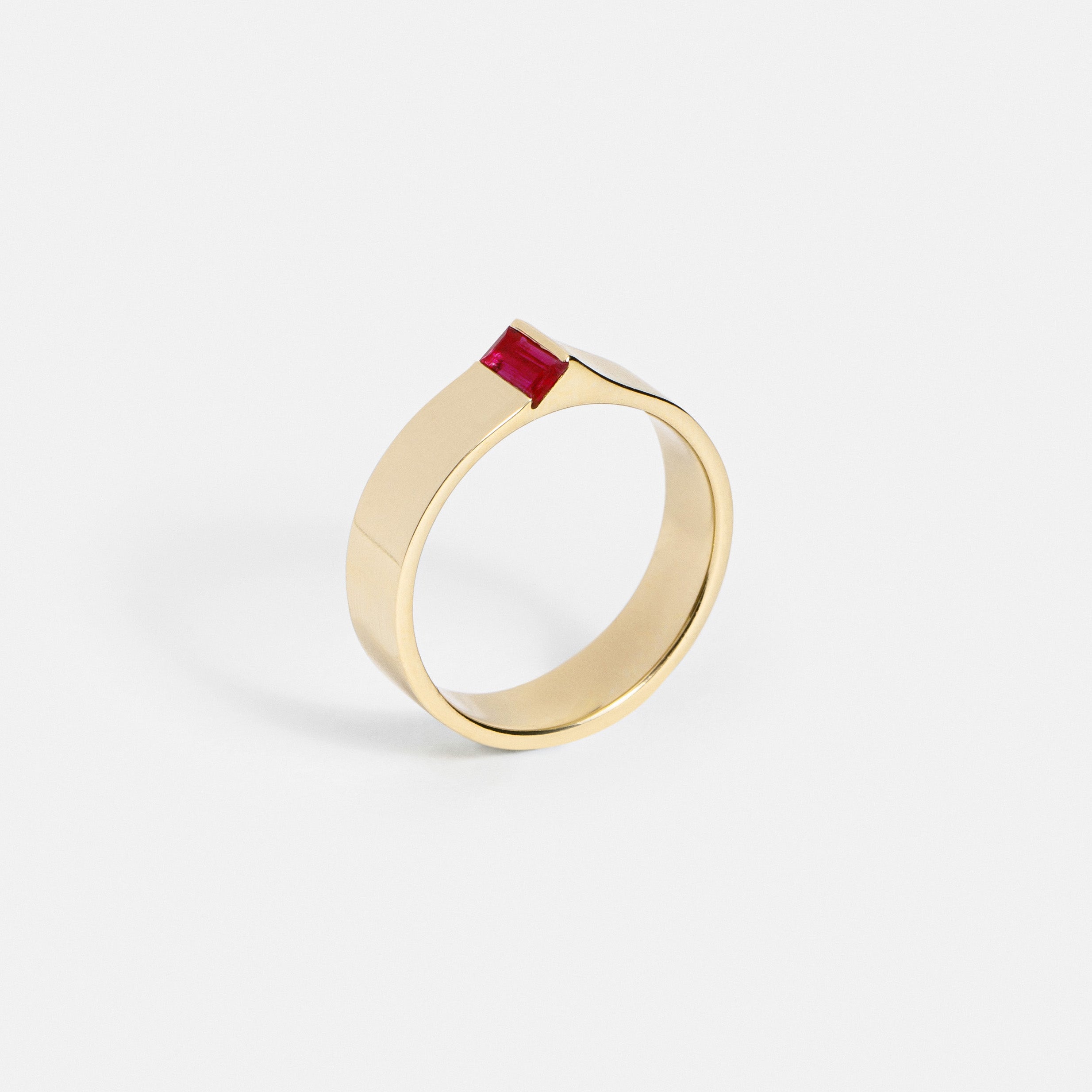Unusual Shaped Wedding Ring with Baguette-cut Red Ruby Stone in solid 14k yellow white rose gold by SHW famous fine jewelry shop NYC