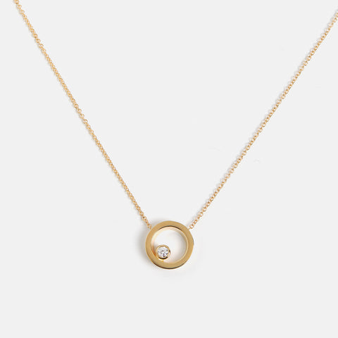 Unique necklace with dainty chain and circle pendant with lab grown white diamond in solid 14k gold by SHW cool fine jewelry store in NYC