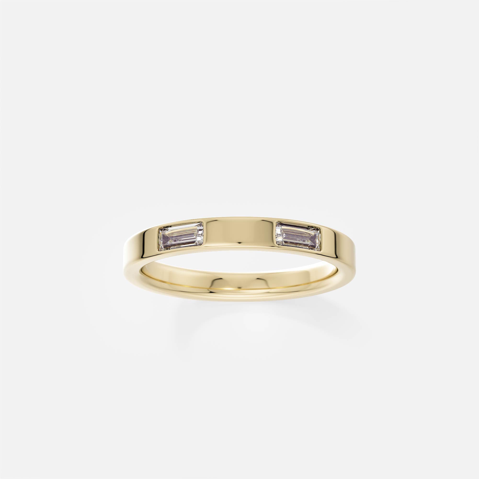14k yellow gold 3mm flat wedding band with two horizontally set baguette diamonds