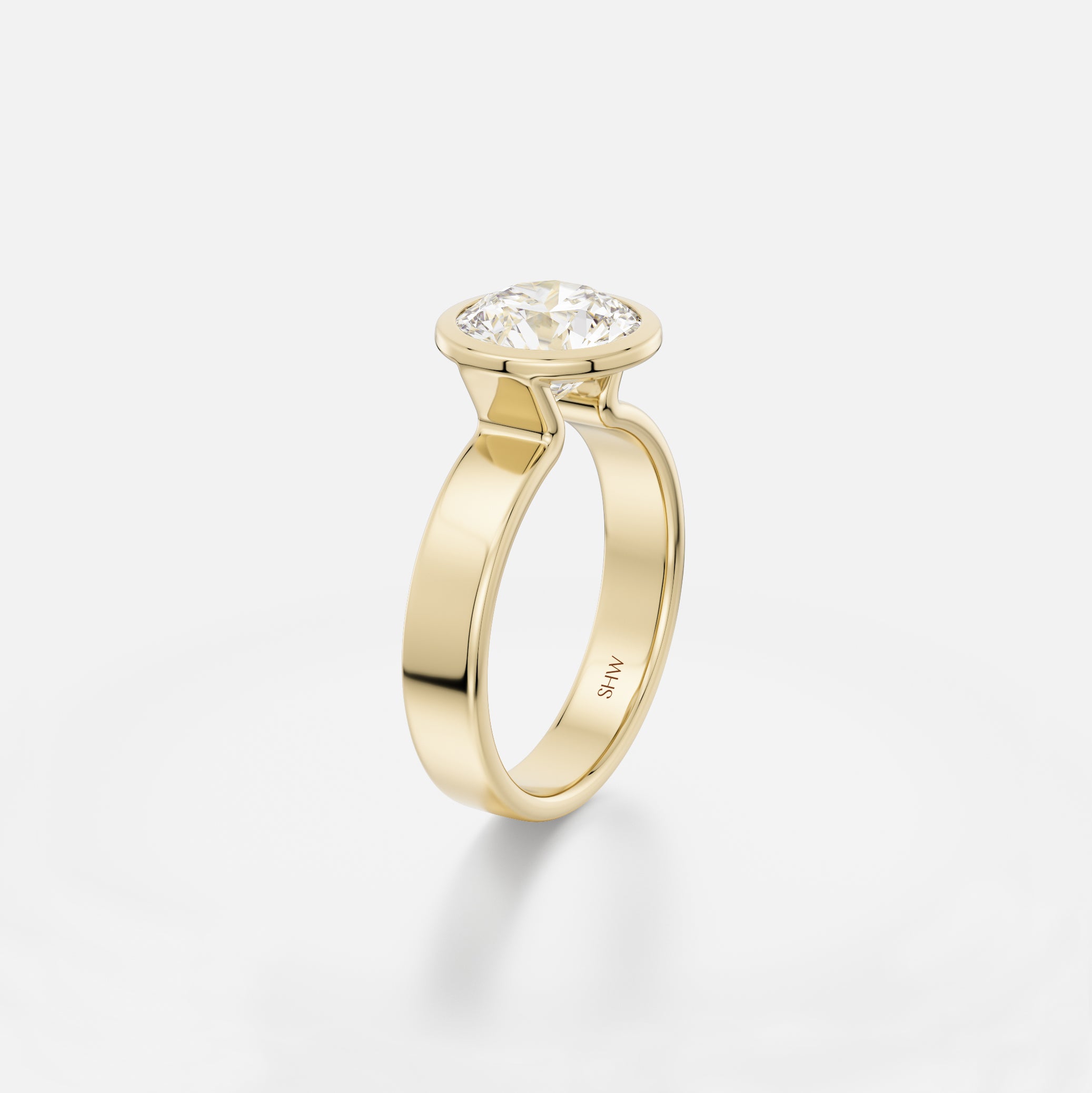 Badi Flat Sculptural Wide Large Band with Round Cut Profile Bezel Set Unique Engagement Ring Setting in recycled 14k Gold or platinum by SHW Fine Jewelry NYC
