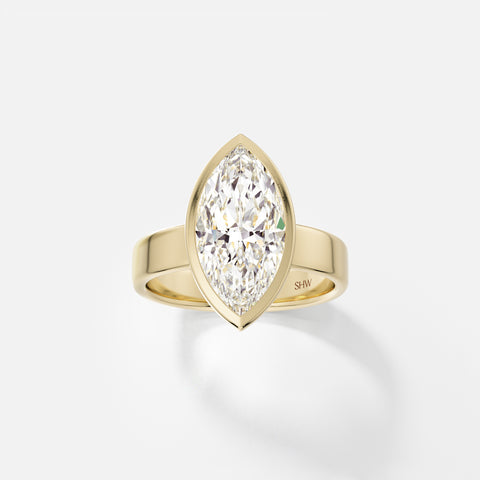 14k yellow gold wide flat band engagement ring with 3 carat marquise diamond set north south in thin bezel