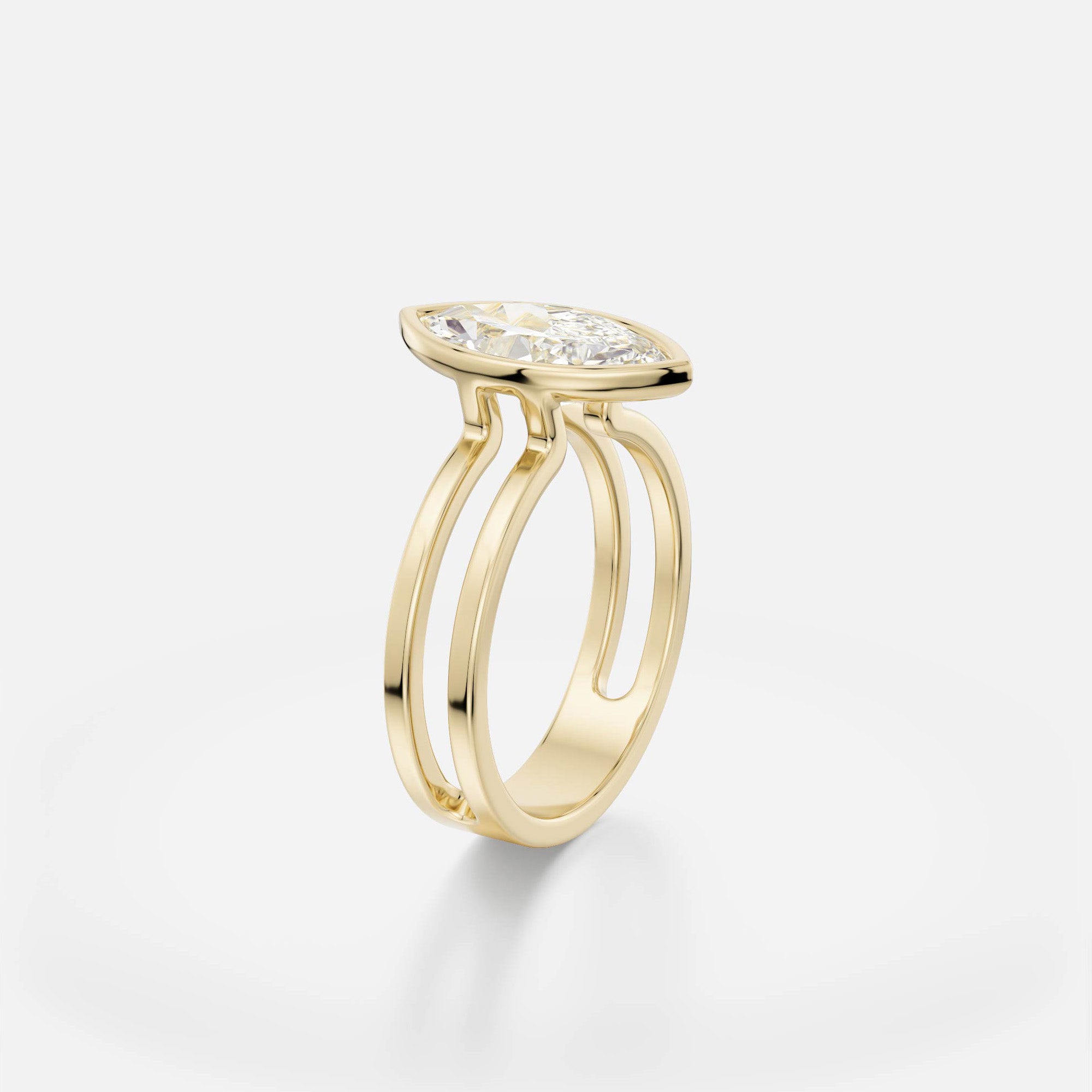 Modern double band engagement ring with 1.75 ct marquise diamond in bezel setting