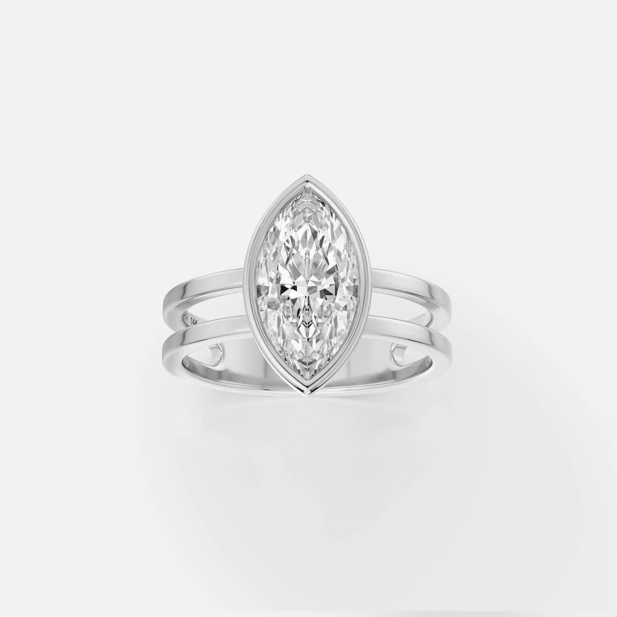 Platinum double band engagement ring with 1.75 carat marquise diamond set north south in thin bezel