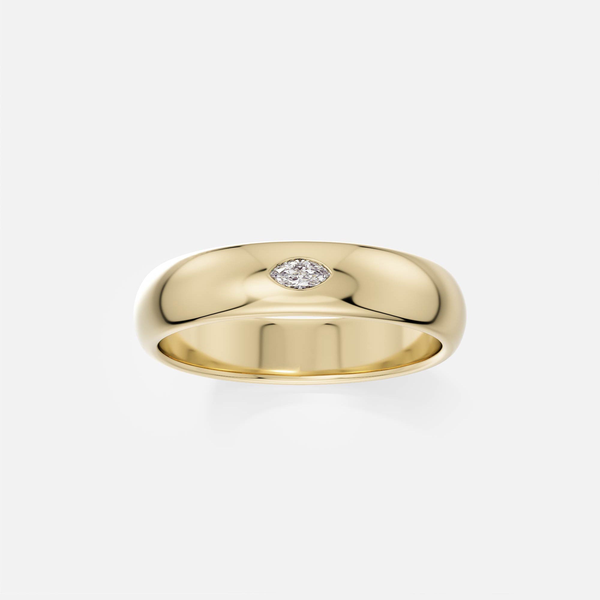 14k yellow gold wedding band with 6mm domed profile and marquise-cut diamond