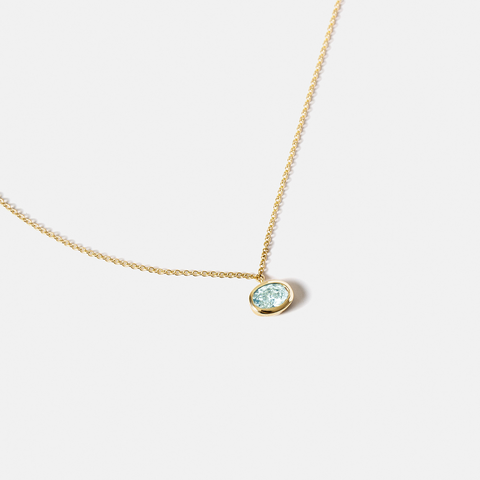 Oval aquamarine pendant necklace east west set dainty chain March birthstone 14k 18k gold SHW fine jewelry NYC handmade piece