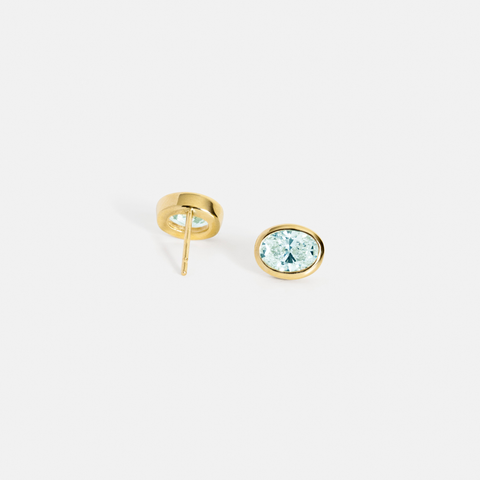 Dana oval aquamarine earrings east west studs March birthstone design in 14k 18k solid gold SHW Jewelry NYC