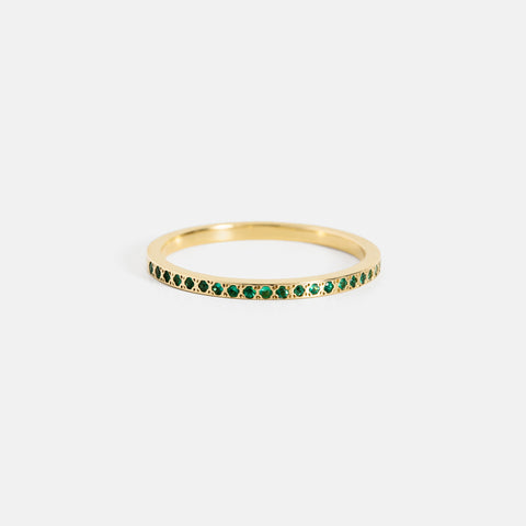 Dainty Flat Customized Pave Natural Small Emeralds Wedding Band in Solid 14k yellow gold by SHW coolest fine jewelry store in NYC