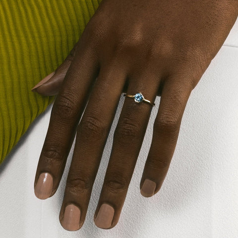 Dainty Band Prongs Engagement Ring with 1ct round blue sapphire in solid 14k yellow gold by SHW coolest fine jewelry stores in NYC near me