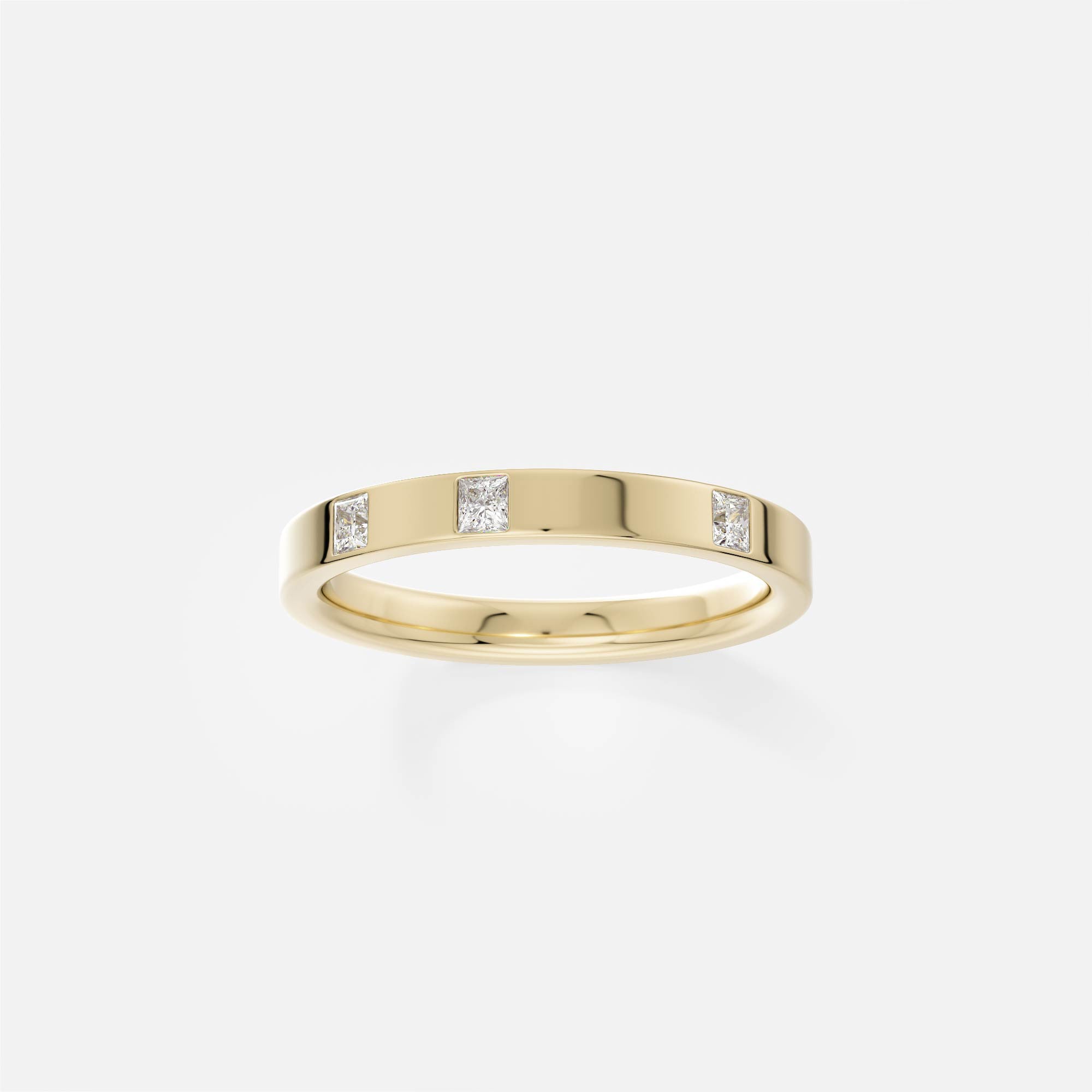 3mm flat gold wedding band with three princess-cut white diamonds