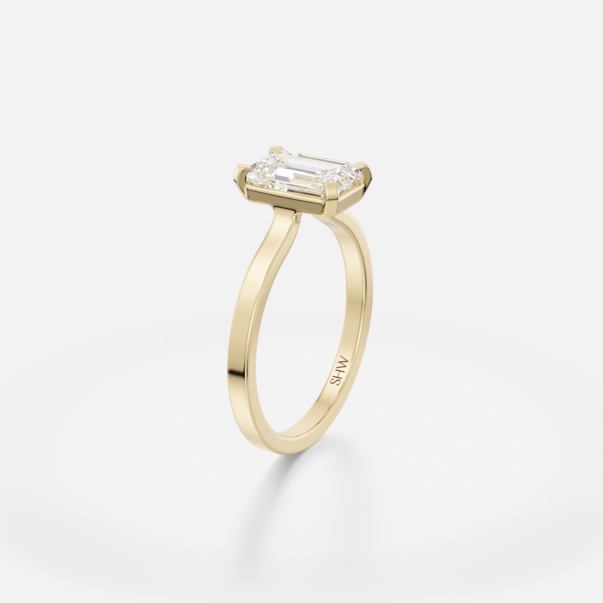 North South emerald solitaire ring in thin flat band, modern minimalist 14k 18k gold SHW fine jewelry NYC