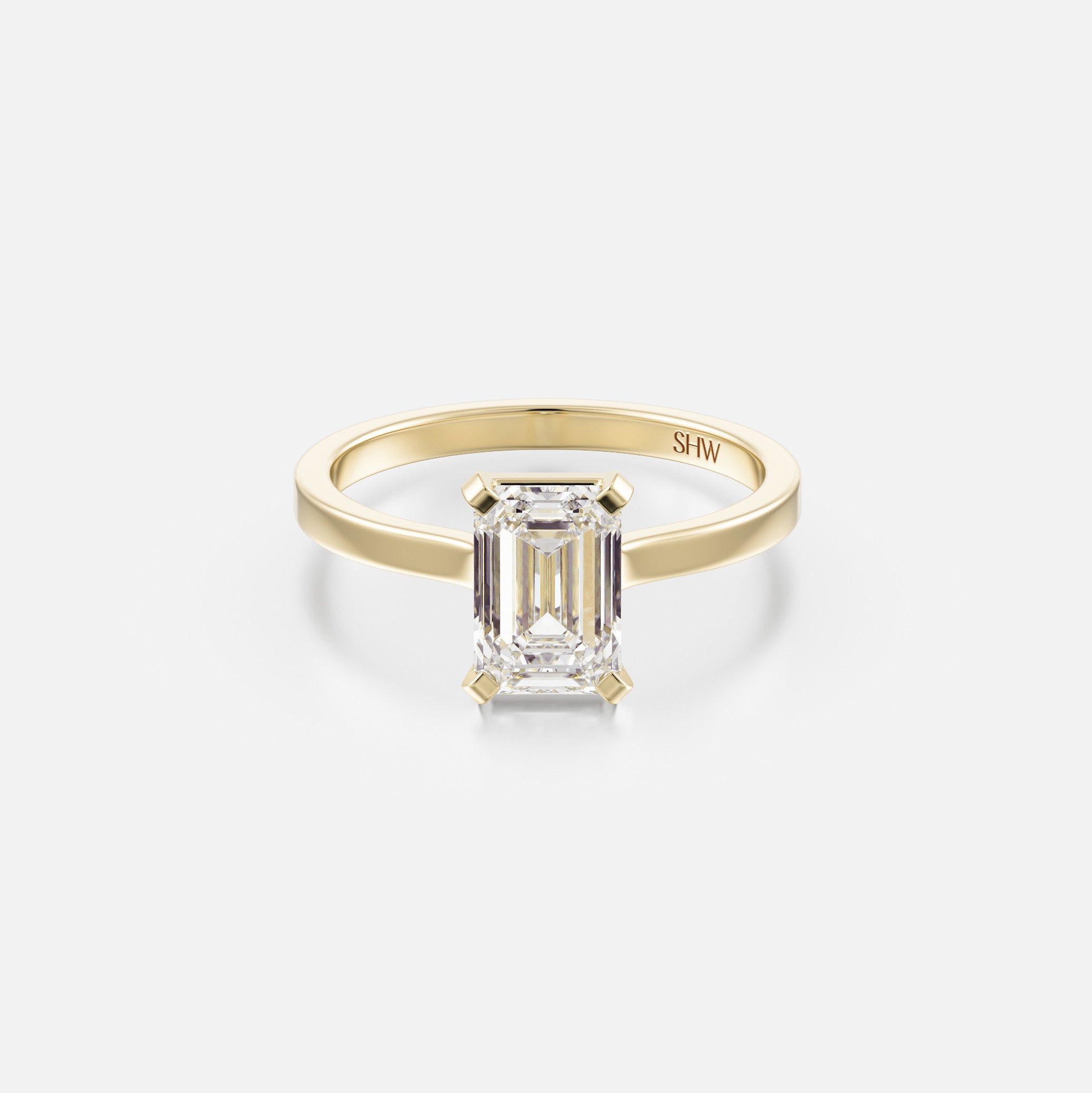 Vertical emerald cut diamond engagement ring with slim flat band, 14k 18k gold platinum SHW Fine Jewelry NYC