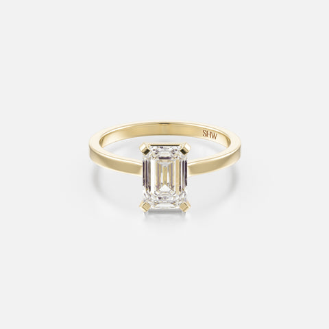 Vertical emerald cut diamond engagement ring with slim flat band, 14k 18k gold platinum SHW Fine Jewelry NYC
