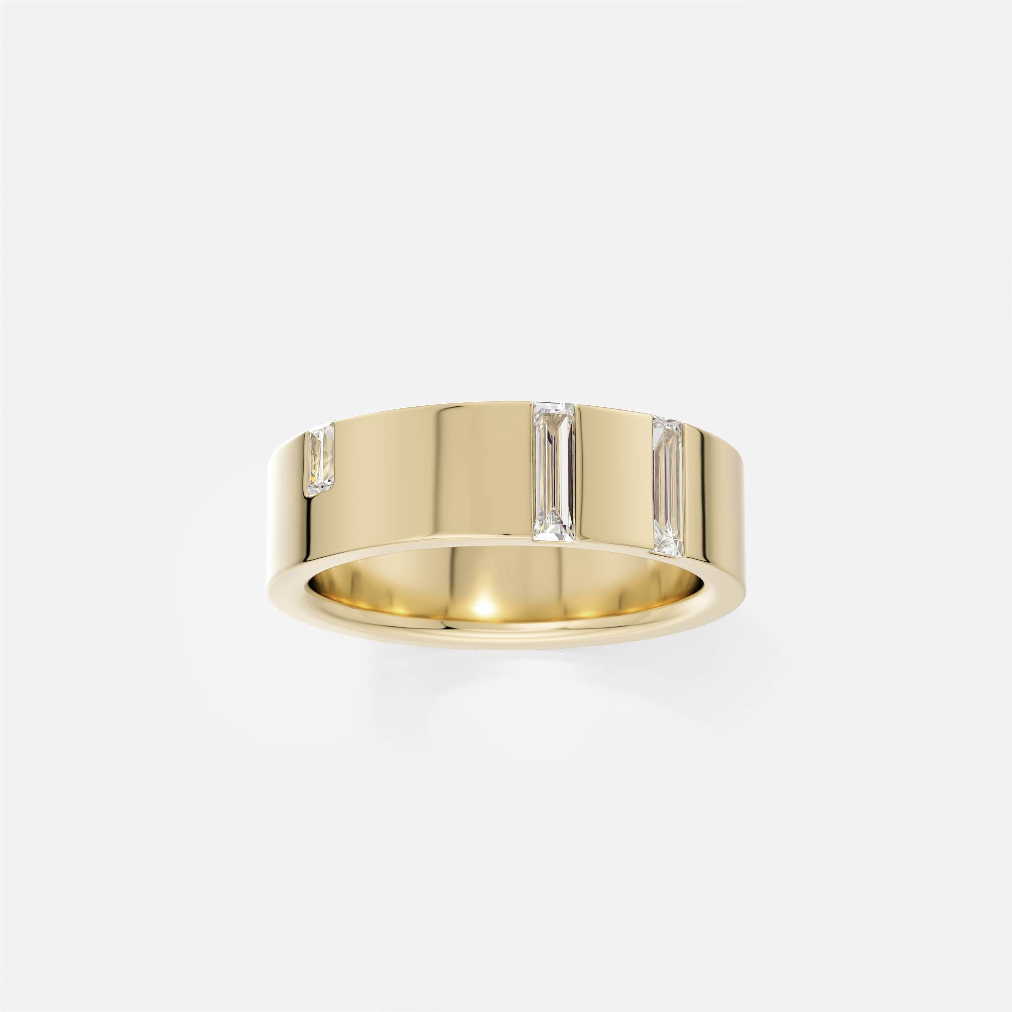 14k yellow gold 6mm wedding band with three vertically set baguette diamonds