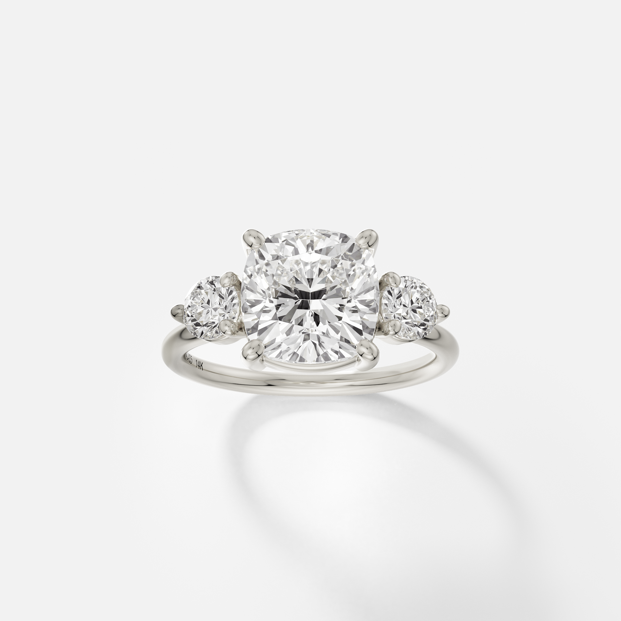 Three stone cushion cut ring with round diamond accents 14k 18k gold platinum SHW fine jewelry NYC