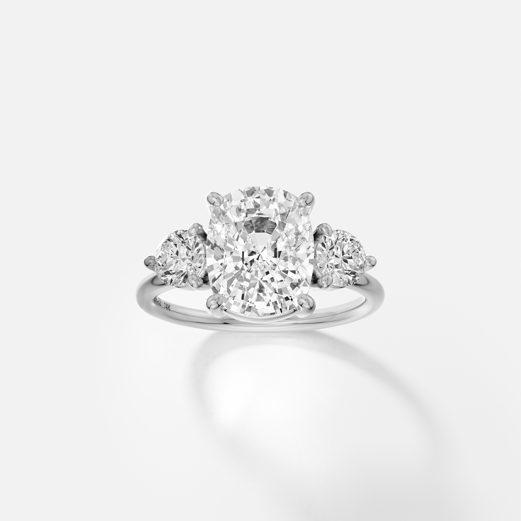 Cushion cut solitaire north south orientation with round accent stones three stone style 14k 18k gold platinum SHW Jewelry NYC