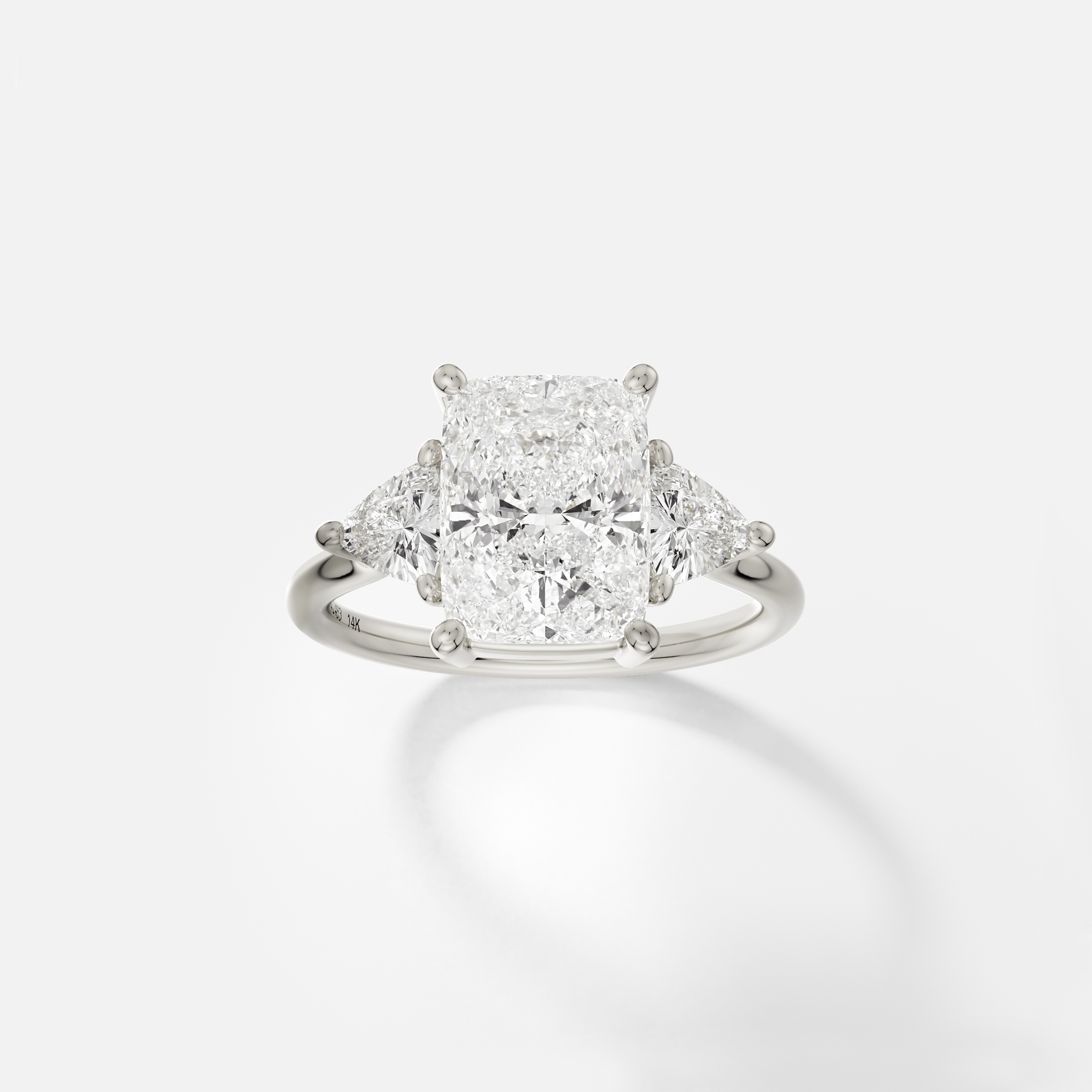 Cushion cut solitaire north south orientation with trillion accent stones three stone style 14k 18k gold platinum SHW Jewelry NYC