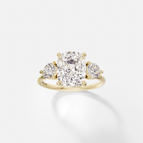 North South elongated cushion engagement ring with round side diamonds three stone cluster 14k 18k gold platinum SHW Fine Jewelry NYC