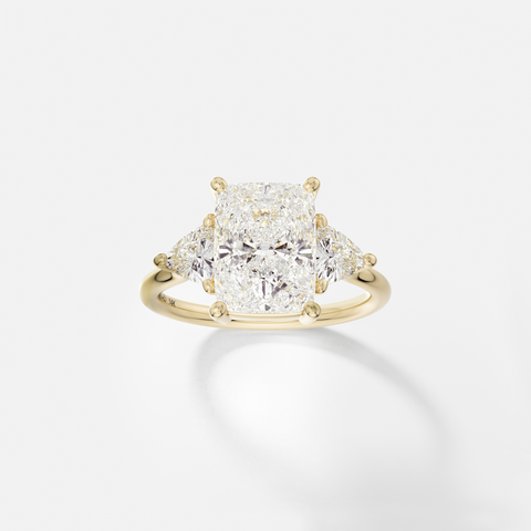 North South elongated cushion cut engagement ring with trillion side diamonds three stone cluster 14k 18k gold platinum SHW Fine Jewelry NYC