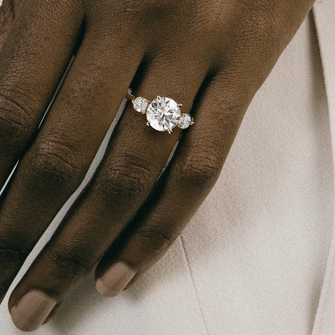 Three stone round cut engagement ring with round side diamonds sapphire emerald ruby 14k 18k gold platinum SHW Jewelry NYC