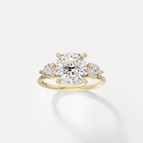 Square cushion cut engagement ring with round side diamonds three stone cluster 14k 18k gold platinum SHW Fine Jewelry NYC