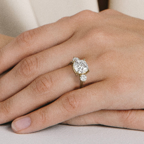 Three stone cushion cut engagement ring with round side diamonds sapphire emerald ruby 14k 18k gold platinum SHW Jewelry NYC