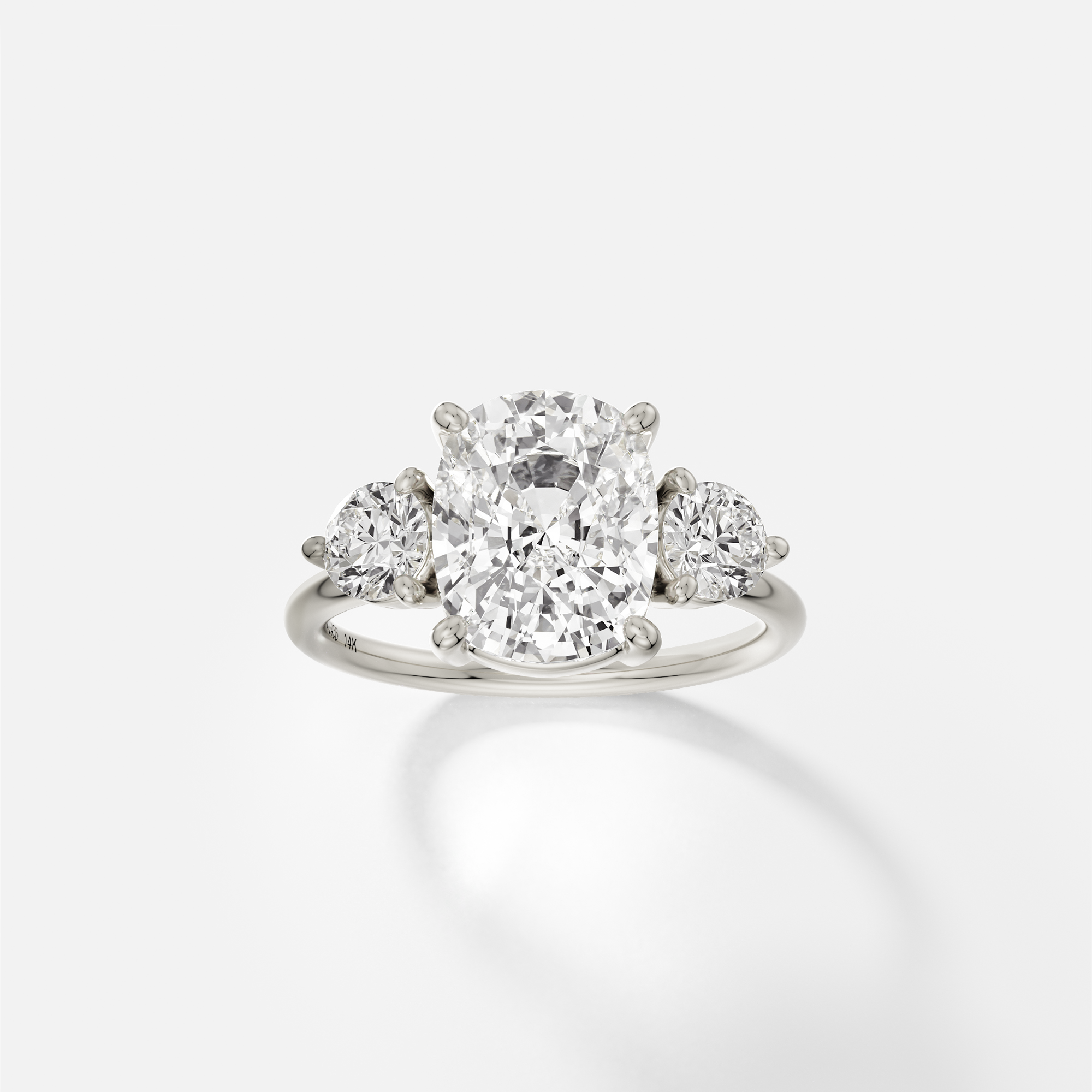 Three stone cushion cut ring with round diamond accents north south setting 14k 18k gold platinum SHW fine jewelry NYC